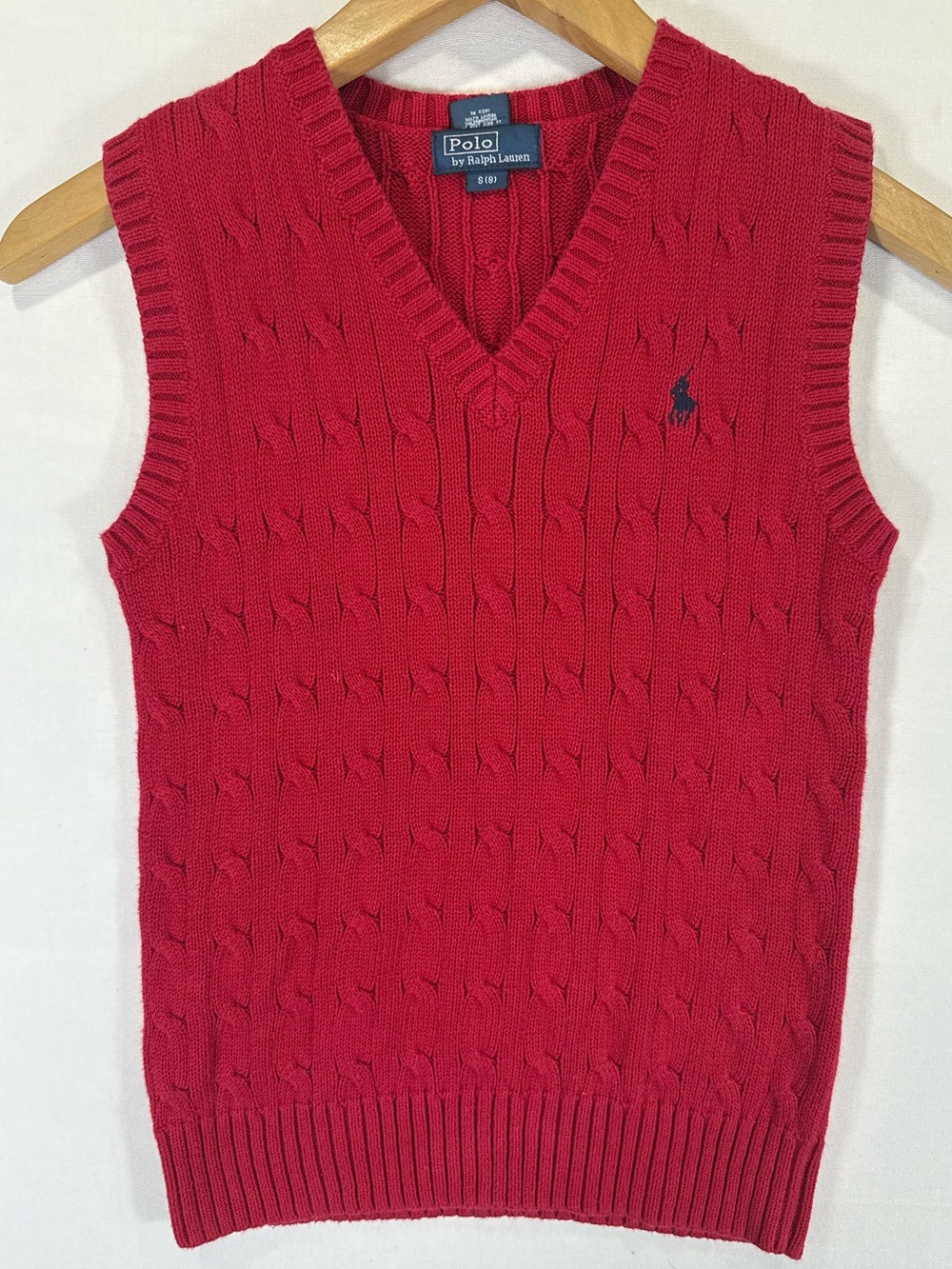 Ralph Lauren Red Cable Knit V-Neck Sweater Vest with Navy Pony Logo